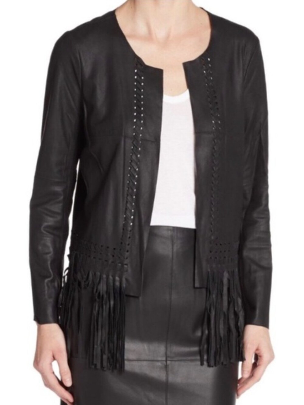 NWT Elizabeth & James Garvin Leather Fringe Woven Open Front Black Jacket Medium